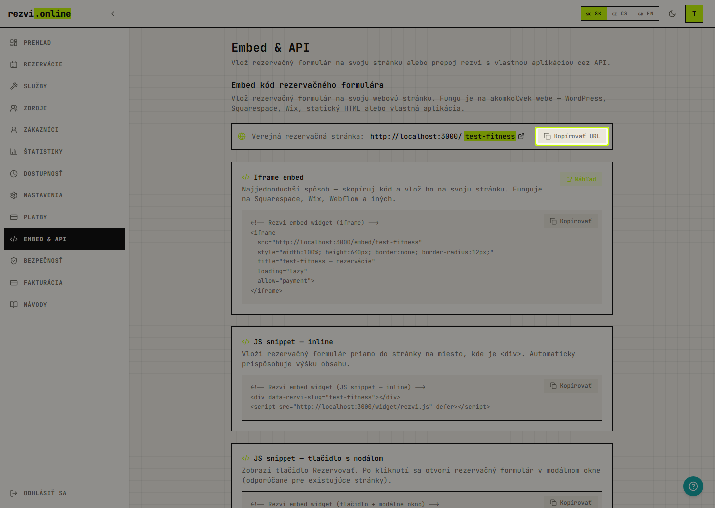 Embed & API — generátor kódu pre vloženie rezervačného formulára na web