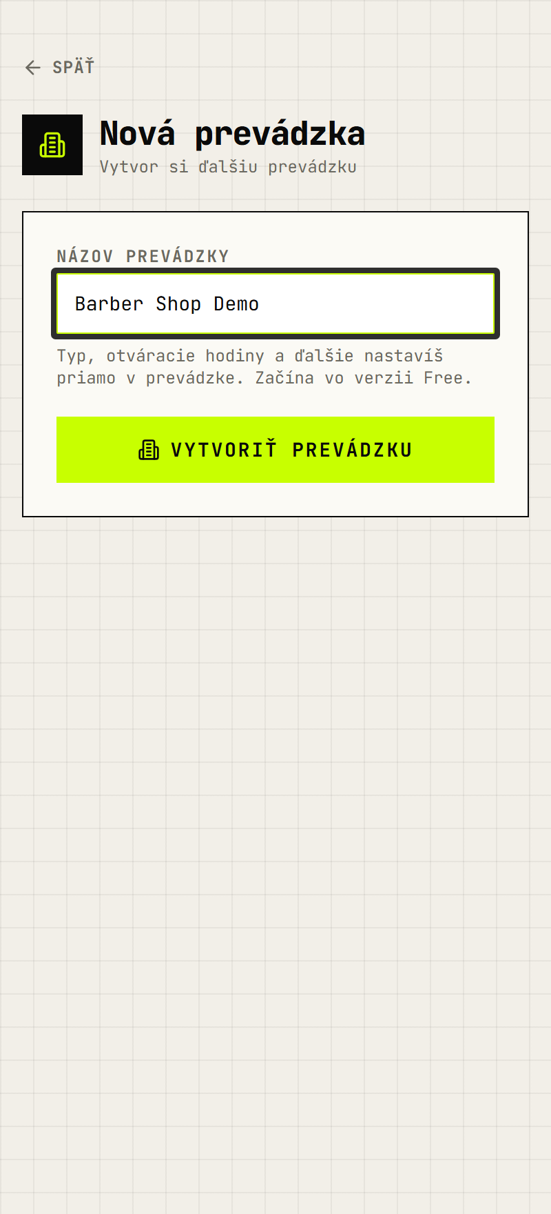 Formulár Nová prevádzka s poľom Názov prevádzky a tlačidlom Vytvoriť prevádzku