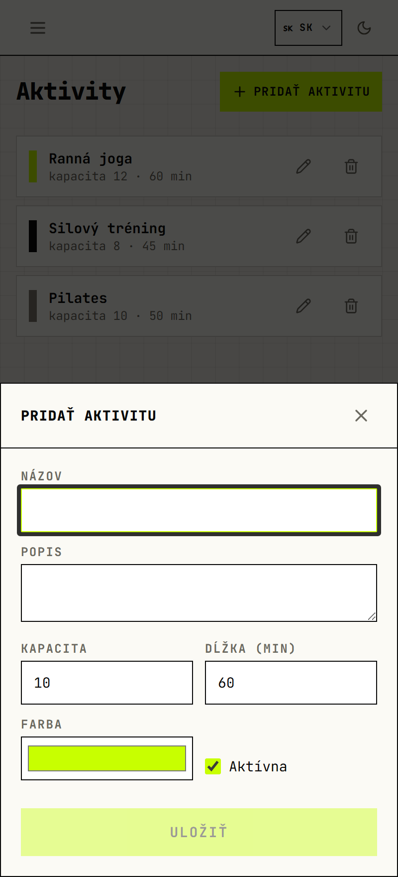 Modál Pridať aktivitu s poľami názov, kapacita, dĺžka, farba